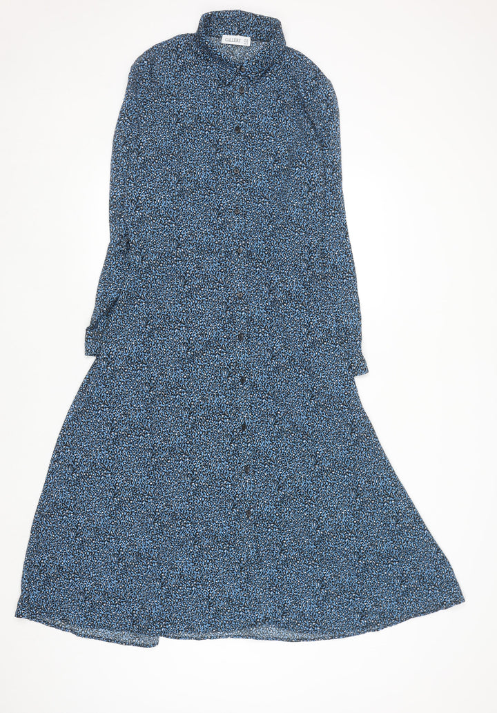 Gallery Women’s Blue Animal Print Long Sleeve Midi Shirt Dress Size 12
