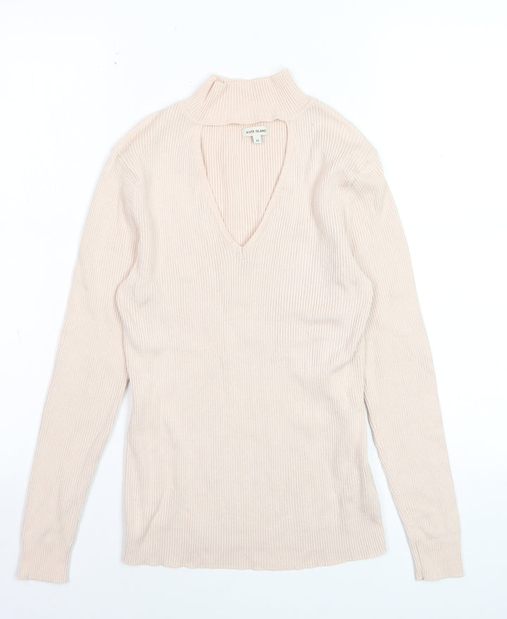 River Island Womens Beige V-Neck Knit Jumper Size 12