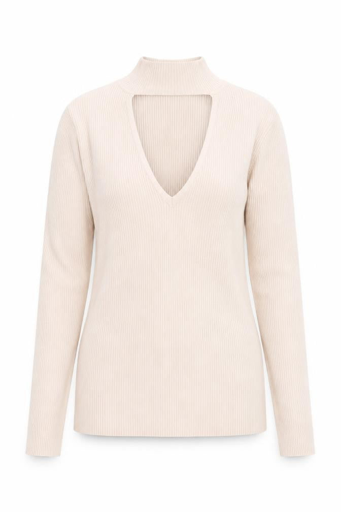 Front view of River Island women’s beige v-neck knit jumper, size UK 12