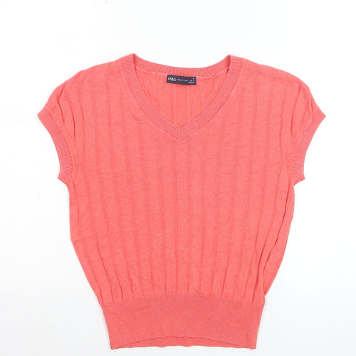 Marks and Spencer Women’s Pink V-Neck Ribbed Short Sleeve Jumper Size S