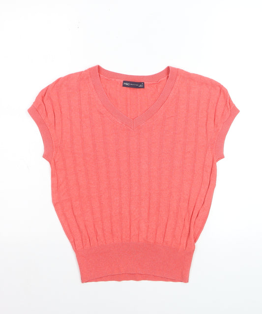 Marks and Spencer Women’s Pink V-Neck Ribbed Short Sleeve Jumper Size S