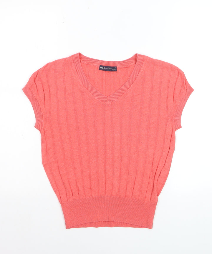Marks and Spencer Women’s Pink V-Neck Ribbed Short Sleeve Jumper Size S