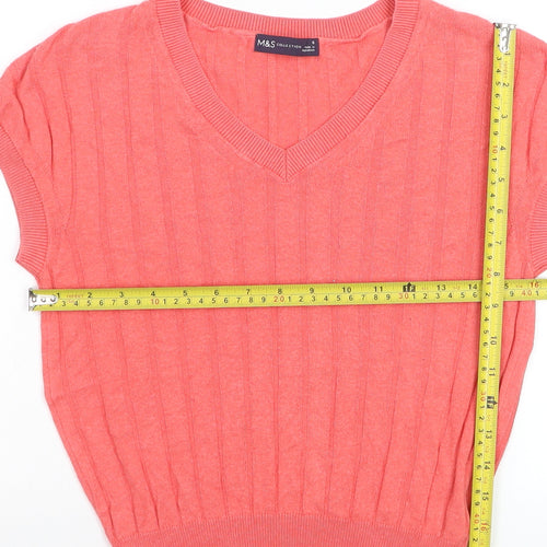 Marks and Spencer Women’s Pink V-Neck Ribbed Short Sleeve Jumper Size S