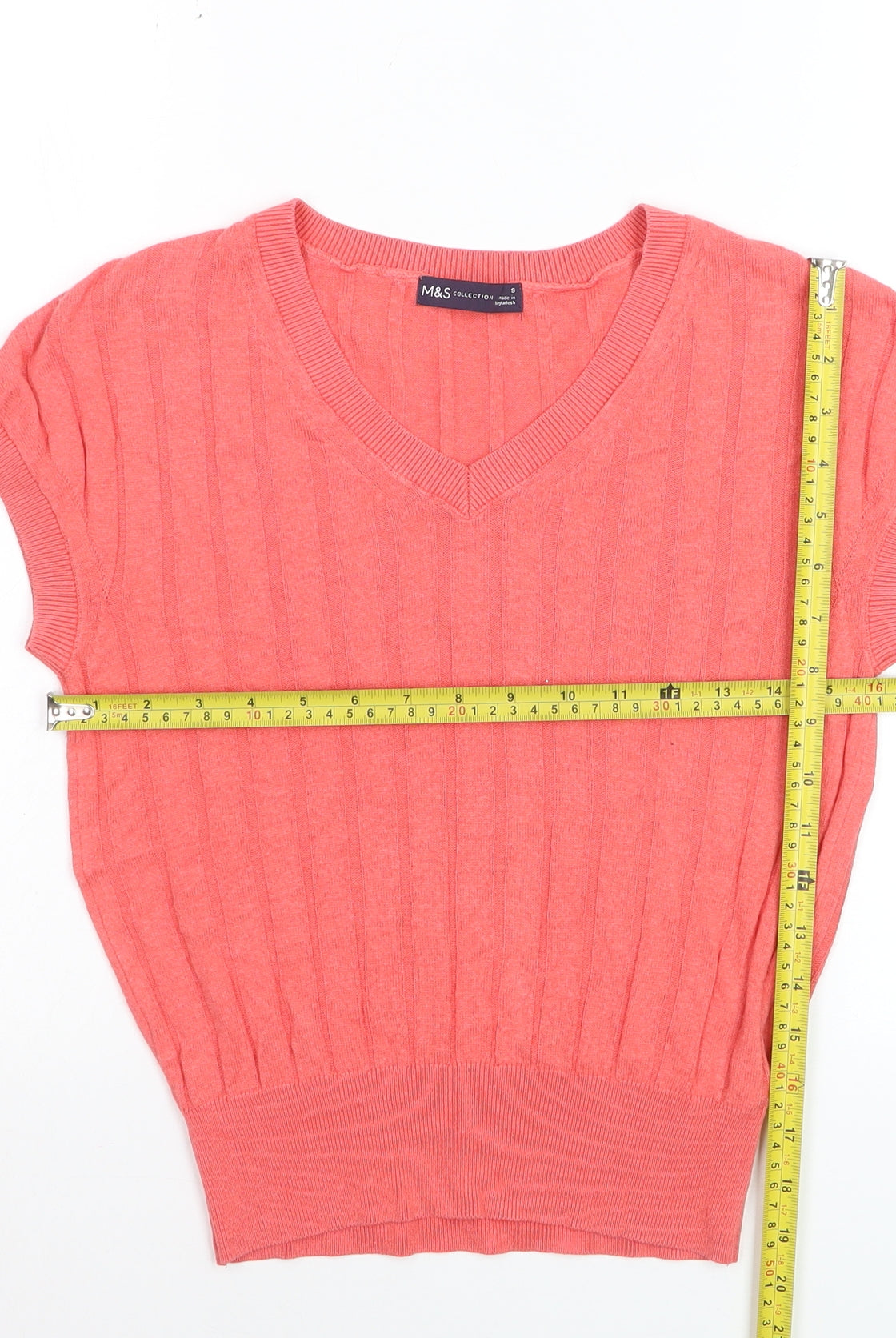 Marks and Spencer Women’s Pink V-Neck Ribbed Short Sleeve Jumper Size S