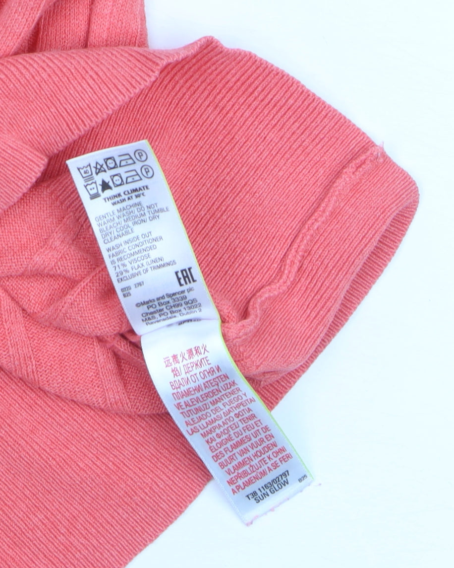 Marks and Spencer Women’s Pink V-Neck Ribbed Short Sleeve Jumper Size S