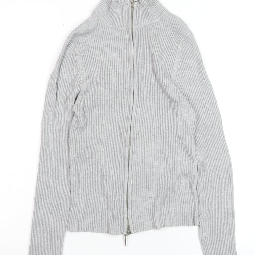 Stradivarius Women’s Grey Ribbed Full Zip Mock Neck Jumper Size 14