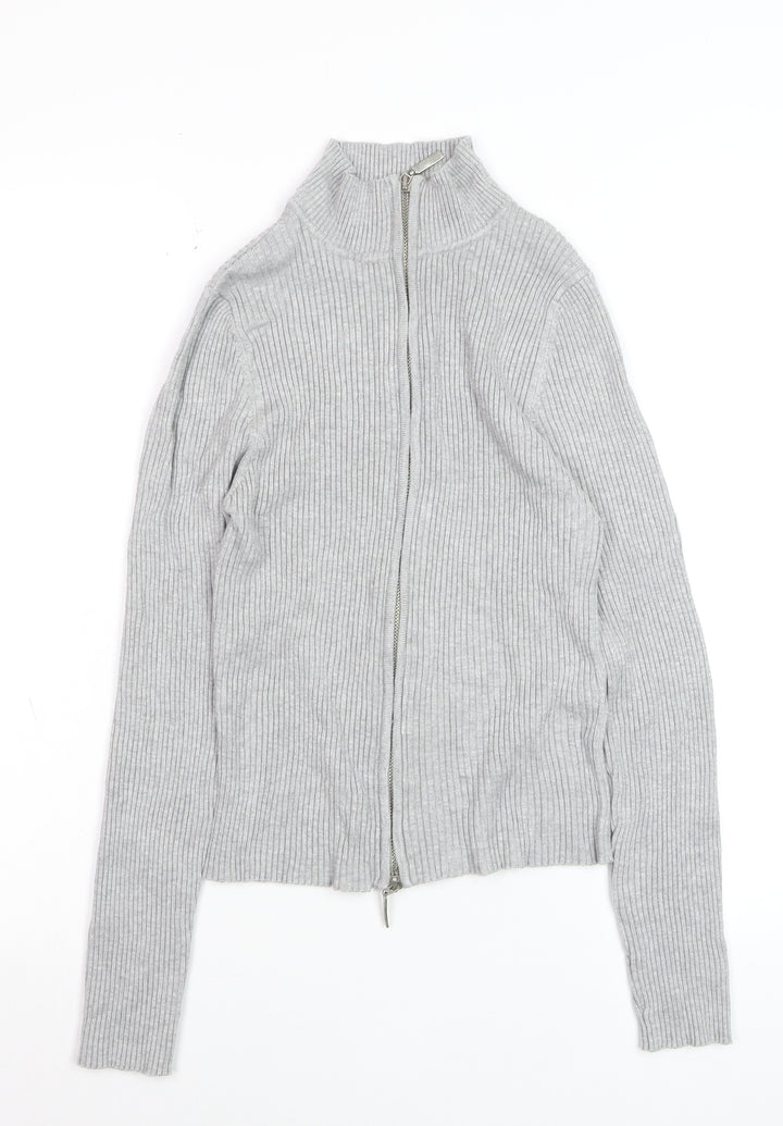 Stradivarius Women’s Grey Ribbed Full Zip Mock Neck Jumper Size 14