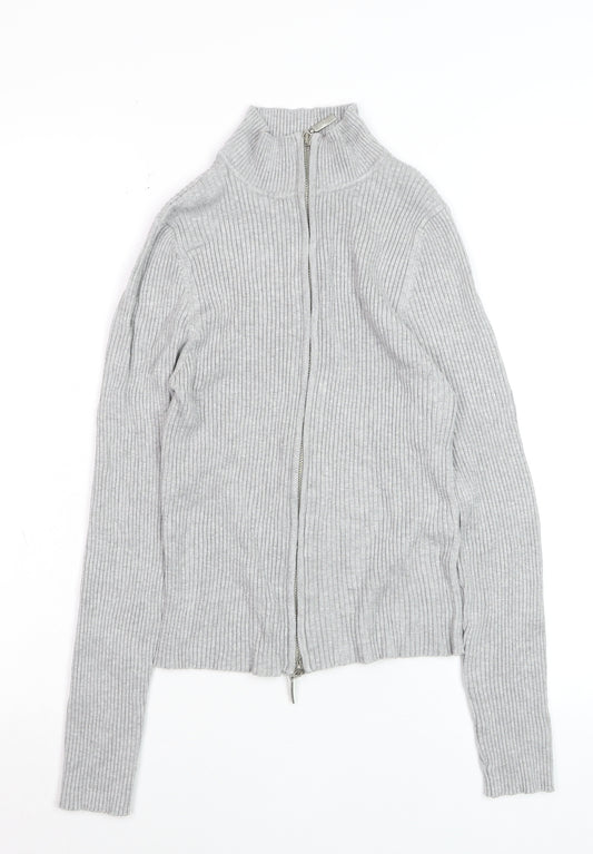 Stradivarius Women’s Grey Ribbed Full Zip Mock Neck Jumper Size 14