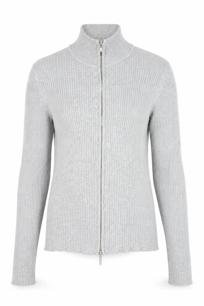 Front view of Stradivarius Women’s Grey Ribbed Full Zip Mock Neck Jumper, size UK 14