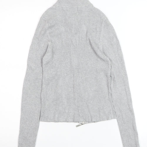 Stradivarius Women’s Grey Ribbed Full Zip Mock Neck Jumper Size 14