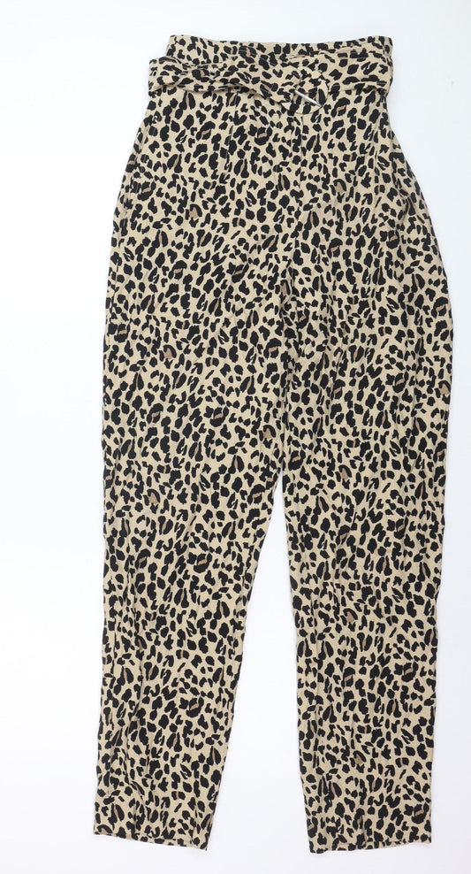 ZARA Women Beige Leopard Print Paperbag Trousers Size 12