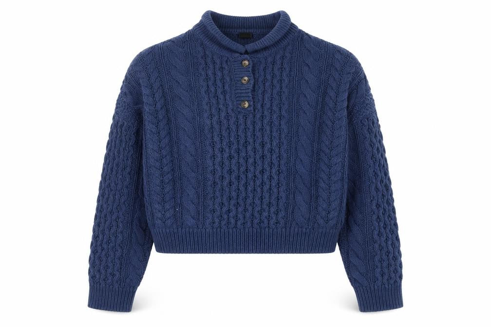 Front view of Selan Outfitters women’s blue cable knit henley jumper m