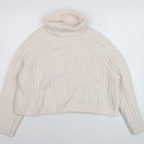 ZARA Women Ivory Roll Neck Ribbed Knit Wool Blend Jumper Size S