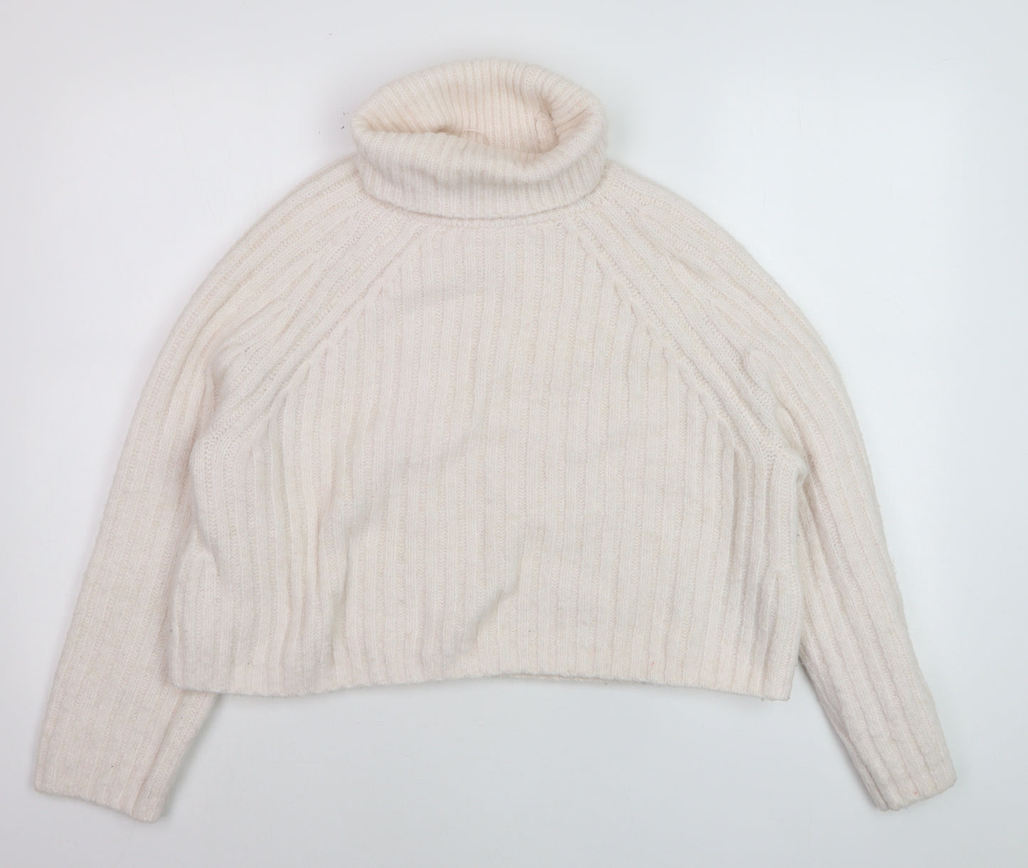 ZARA Women Ivory Roll Neck Ribbed Knit Wool Blend Jumper Size S