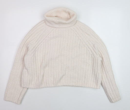 ZARA Women Ivory Roll Neck Ribbed Knit Wool Blend Jumper Size S