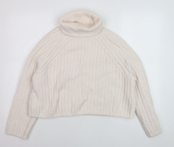ZARA Women Ivory Roll Neck Ribbed Knit Wool Blend Jumper Size S