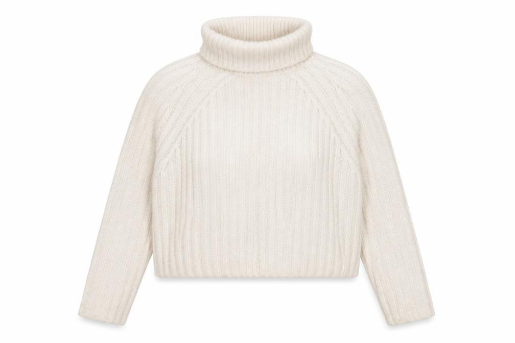 Front view of Zara Women Ivory Roll Neck Ribbed Knit Wool Blend Jumper, size S
