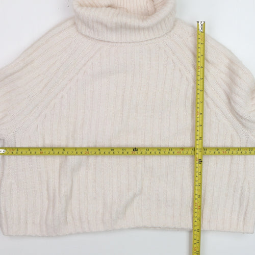 ZARA Women Ivory Roll Neck Ribbed Knit Wool Blend Jumper Size S