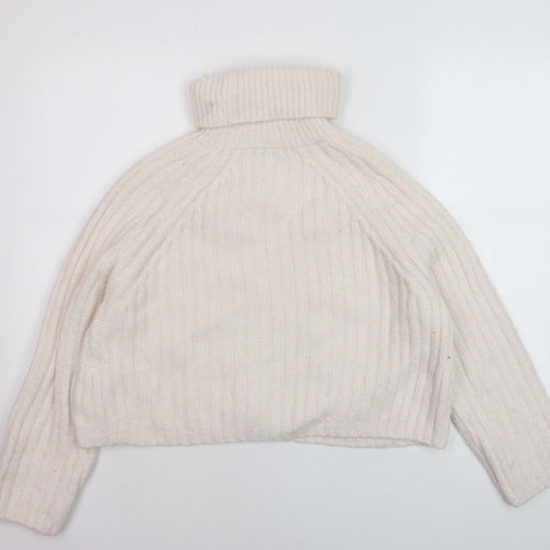 ZARA Women Ivory Roll Neck Ribbed Knit Wool Blend Jumper Size S