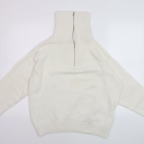 ZARA Women’s Ivory High Neck Zip Cotton Jumper XL Relaxed Fit