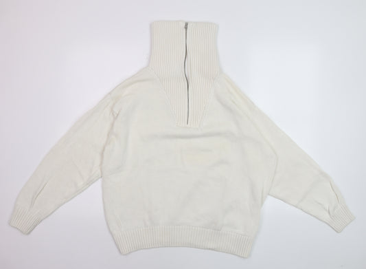 ZARA Women’s Ivory High Neck Zip Cotton Jumper XL Relaxed Fit