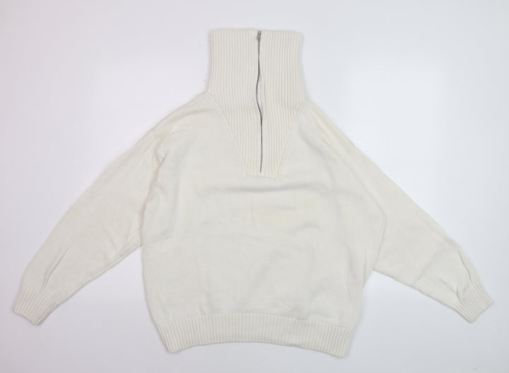 ZARA Women’s Ivory High Neck Zip Cotton Jumper XL Relaxed Fit