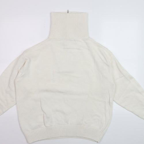 ZARA Women’s Ivory High Neck Zip Cotton Jumper XL Relaxed Fit