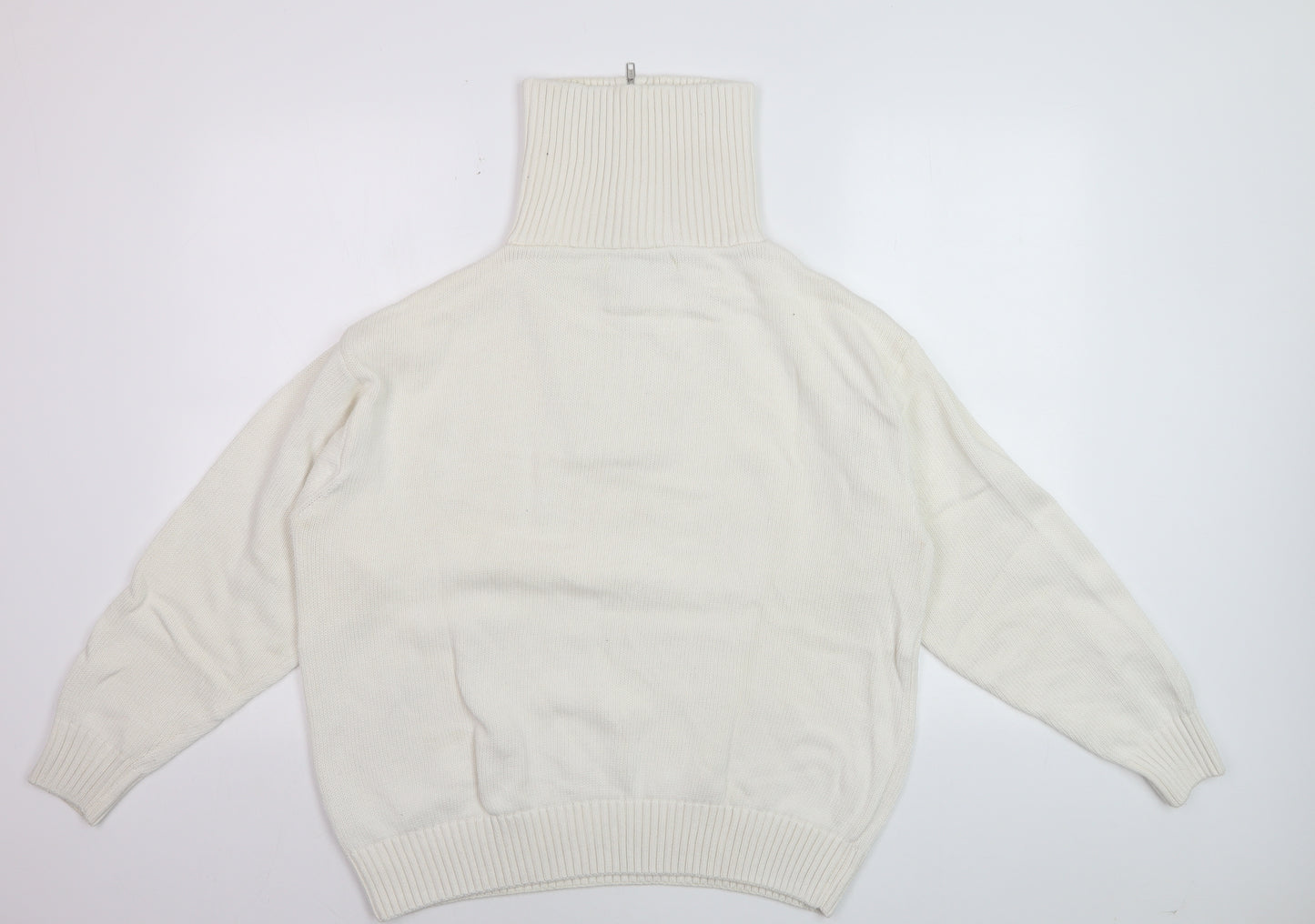 ZARA Women’s Ivory High Neck Zip Cotton Jumper XL Relaxed Fit
