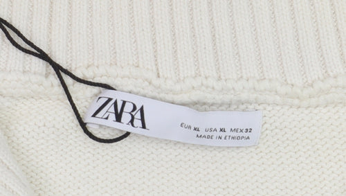 ZARA Women’s Ivory High Neck Zip Cotton Jumper XL Relaxed Fit