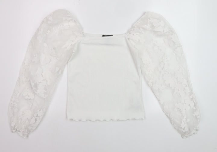 New Look Women's White Cropped Blouse Size 8 Puff Sleeve