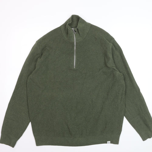 Marks and Spencer Men's Green XL 1/2 Zip Cotton Blend Jumper