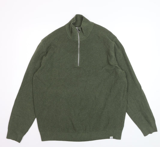 Marks and Spencer Men's Green XL 1/2 Zip Cotton Blend Jumper