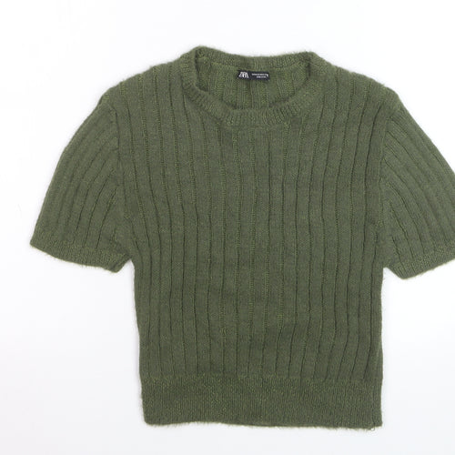 Zara Women Green Ribbed Knit Mohair Wool Short Sleeve Jumper Size 12