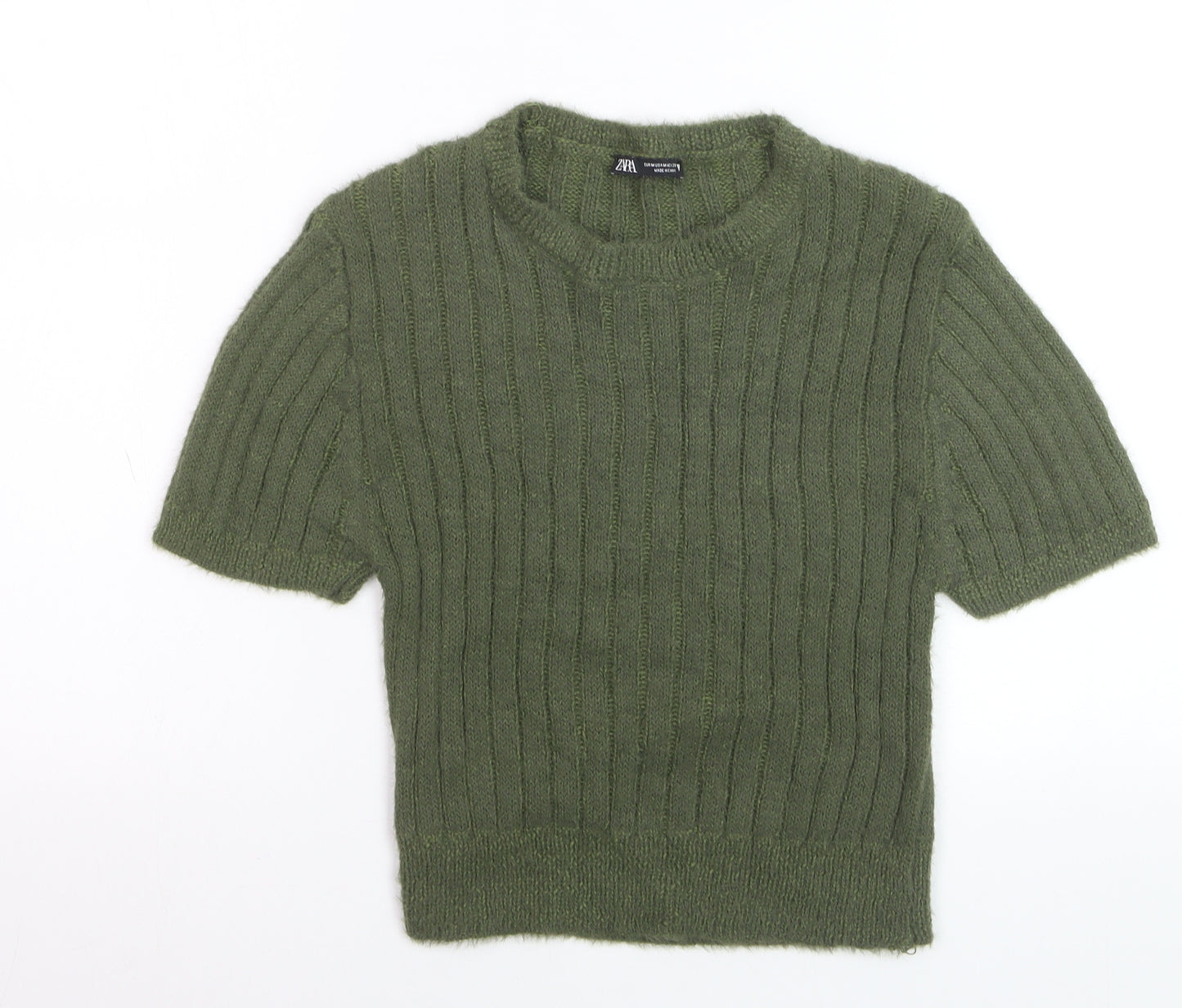 Zara Women Green Ribbed Knit Mohair Wool Short Sleeve Jumper Size 12