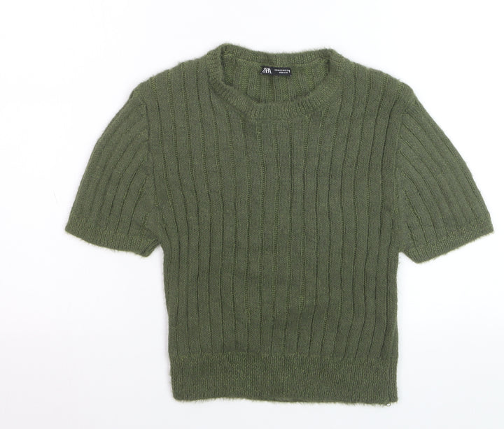 Zara Women Green Ribbed Knit Mohair Wool Short Sleeve Jumper Size 12