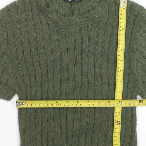 Zara Women Green Ribbed Knit Mohair Wool Short Sleeve Jumper Size 12