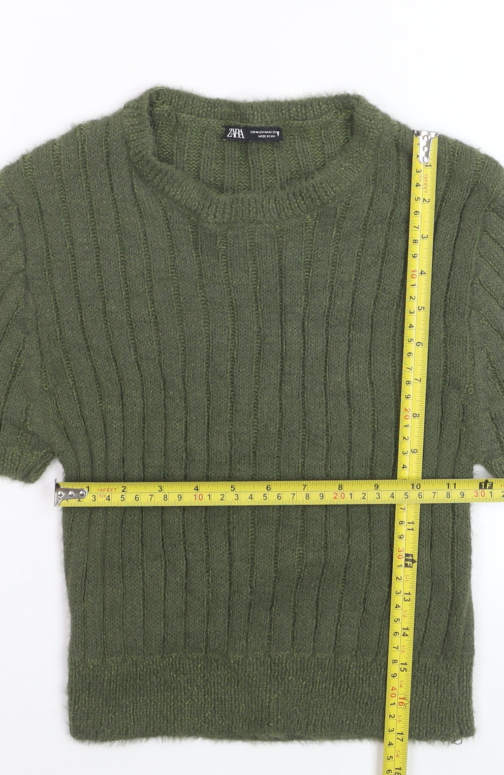Zara Women Green Ribbed Knit Mohair Wool Short Sleeve Jumper Size 12