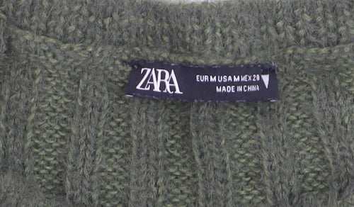 Zara Women Green Ribbed Knit Mohair Wool Short Sleeve Jumper Size 12