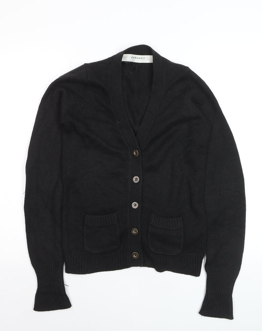 ZARA Women Black V-Neck Cardigan S Acrylic Angora Knit