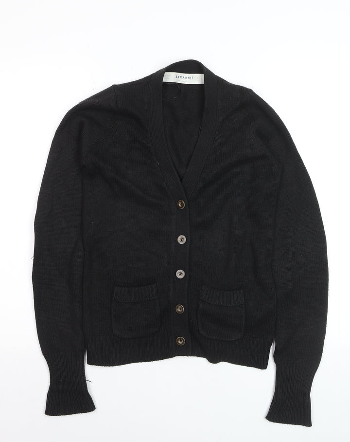 ZARA Women Black V-Neck Cardigan S Acrylic Angora Knit