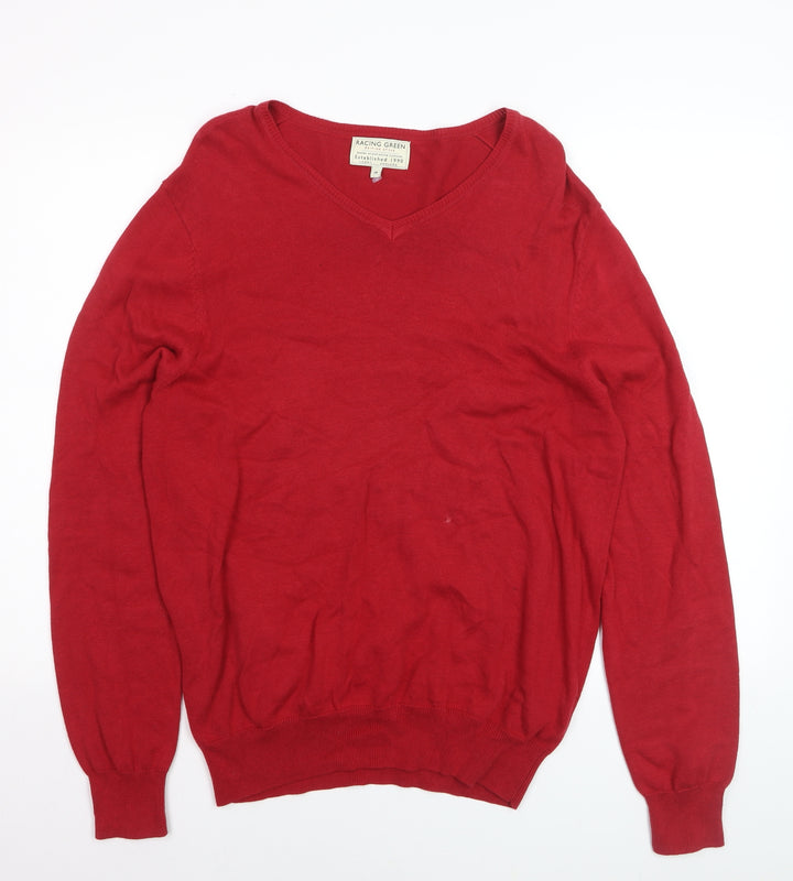 Racing Green Men's Red V-Neck Cotton Jumper Size M