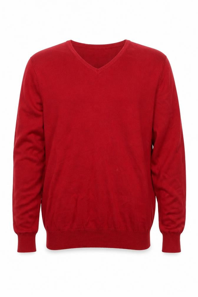 Front view of Racing Green Men's Red V-Neck Cotton Jumper, size M