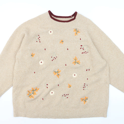 Autonomy Women Beige Embroidered Floral Plus Size 22 Crew Neck Jumper