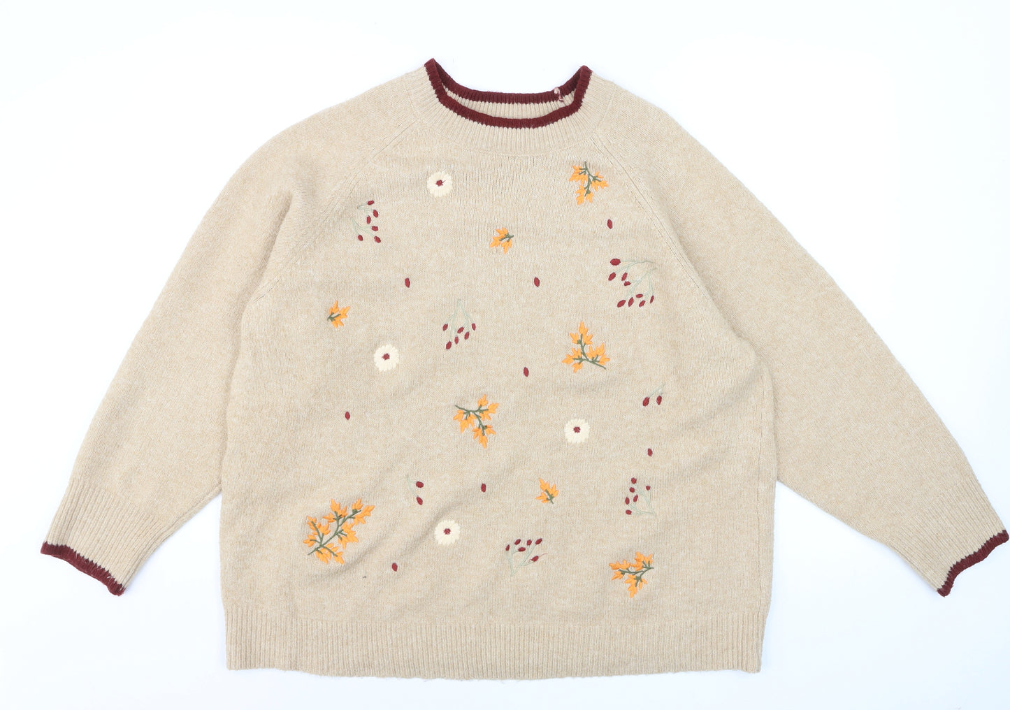 Autonomy Women Beige Embroidered Floral Plus Size 22 Crew Neck Jumper