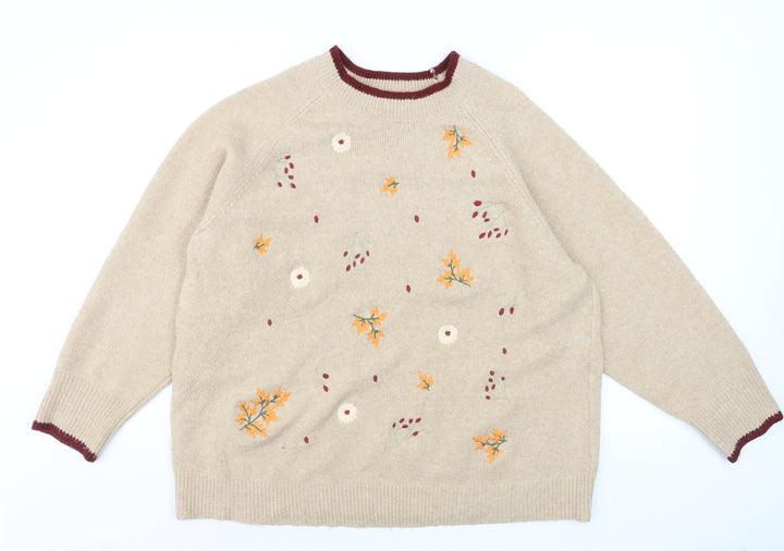 Autonomy Women Beige Embroidered Floral Plus Size 22 Crew Neck Jumper