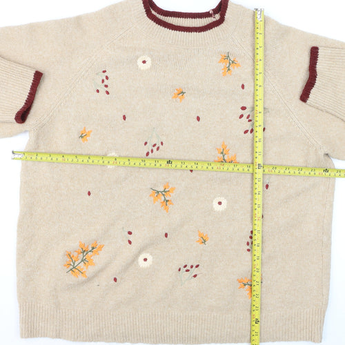 Autonomy Women Beige Embroidered Floral Plus Size 22 Crew Neck Jumper