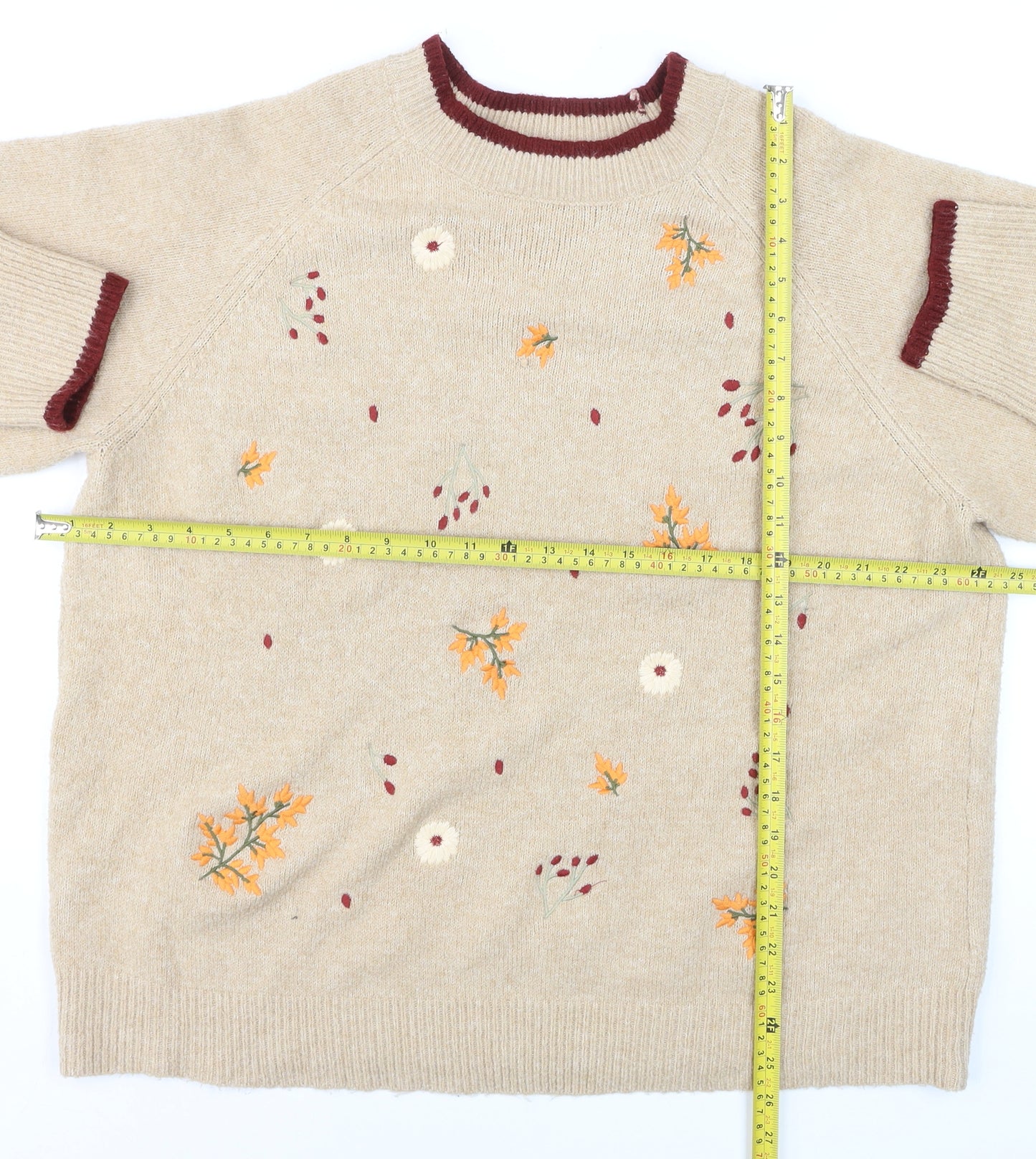 Autonomy Women Beige Embroidered Floral Plus Size 22 Crew Neck Jumper