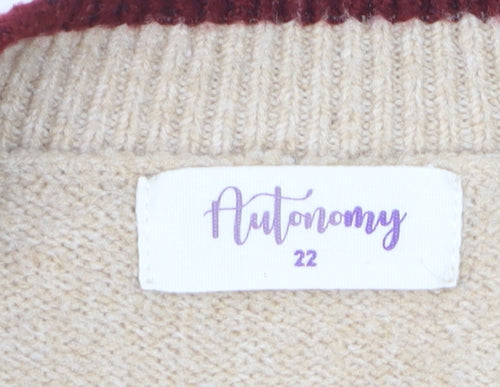 Autonomy Women Beige Embroidered Floral Plus Size 22 Crew Neck Jumper