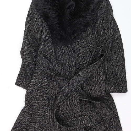 Gallery Women’s Grey Wool Blend Belted Faux Fur Collar Long Coat Size 12