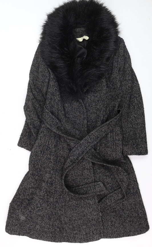 Gallery Women’s Grey Wool Blend Belted Faux Fur Collar Long Coat Size 12
